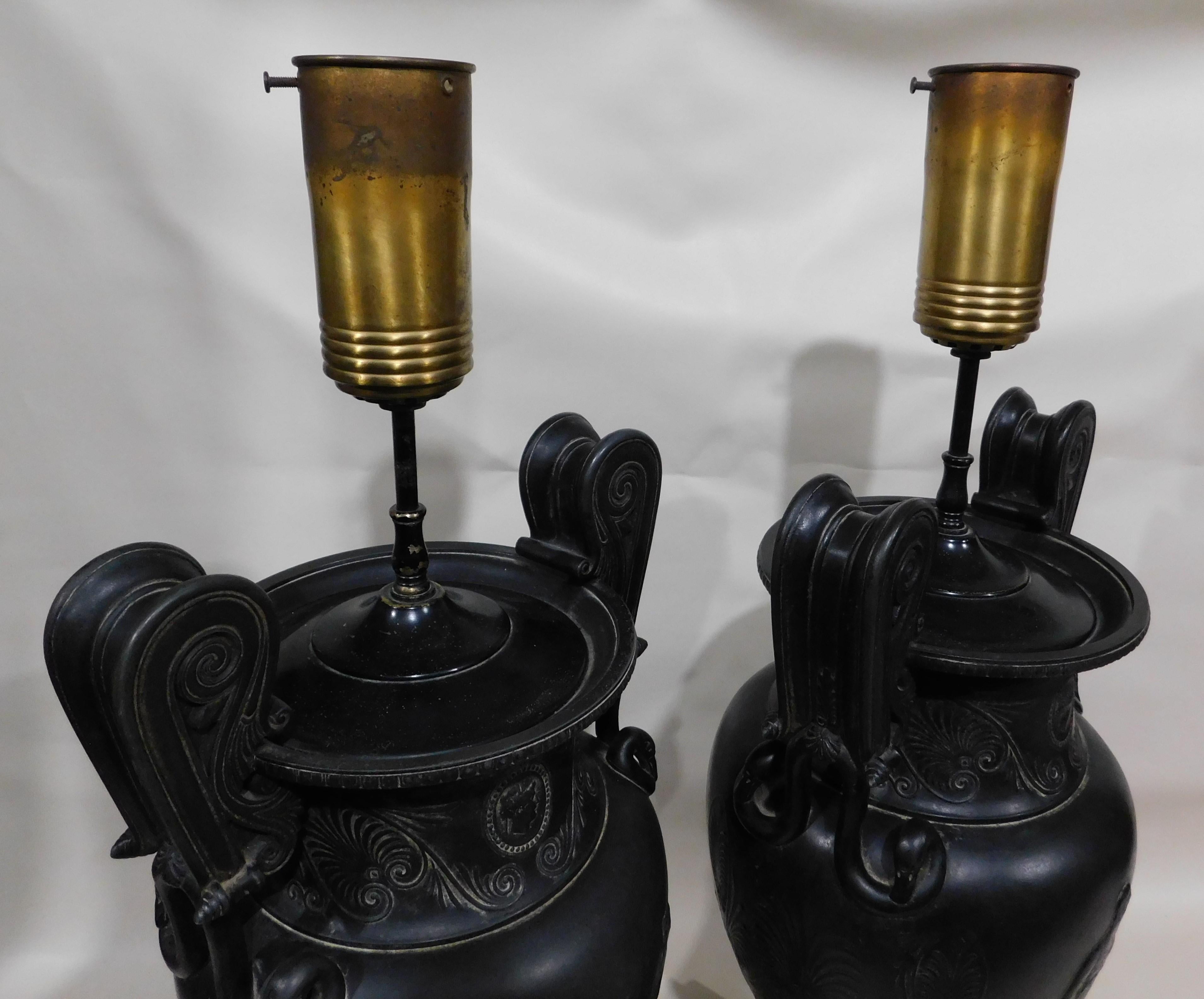 Pair of French Greek Neoclassical Style Spelter White Metal Urn Lamps circa 1920 3