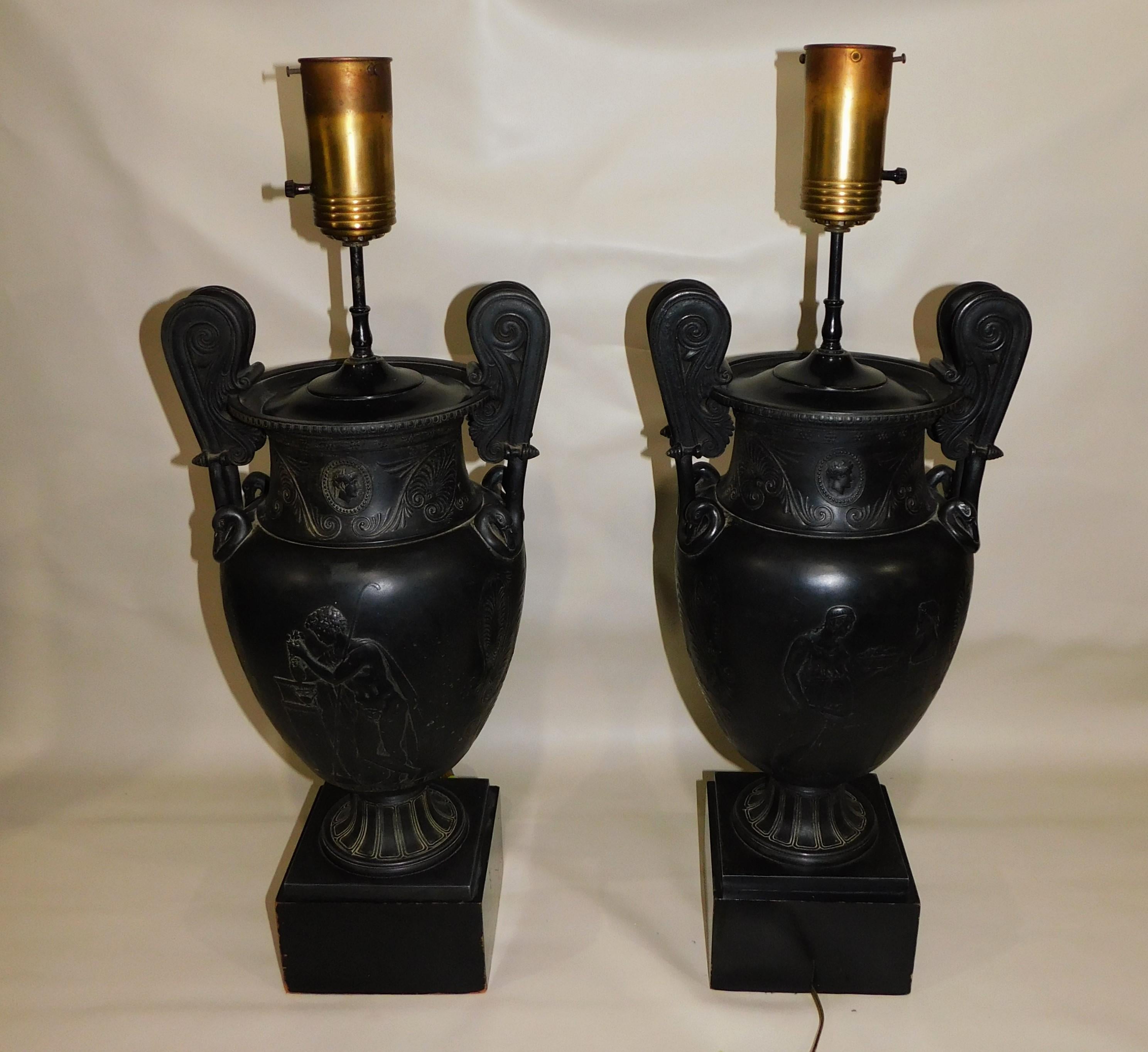 Pair of French Greek Neoclassical Style Spelter White Metal Urn Lamps circa 1920 5