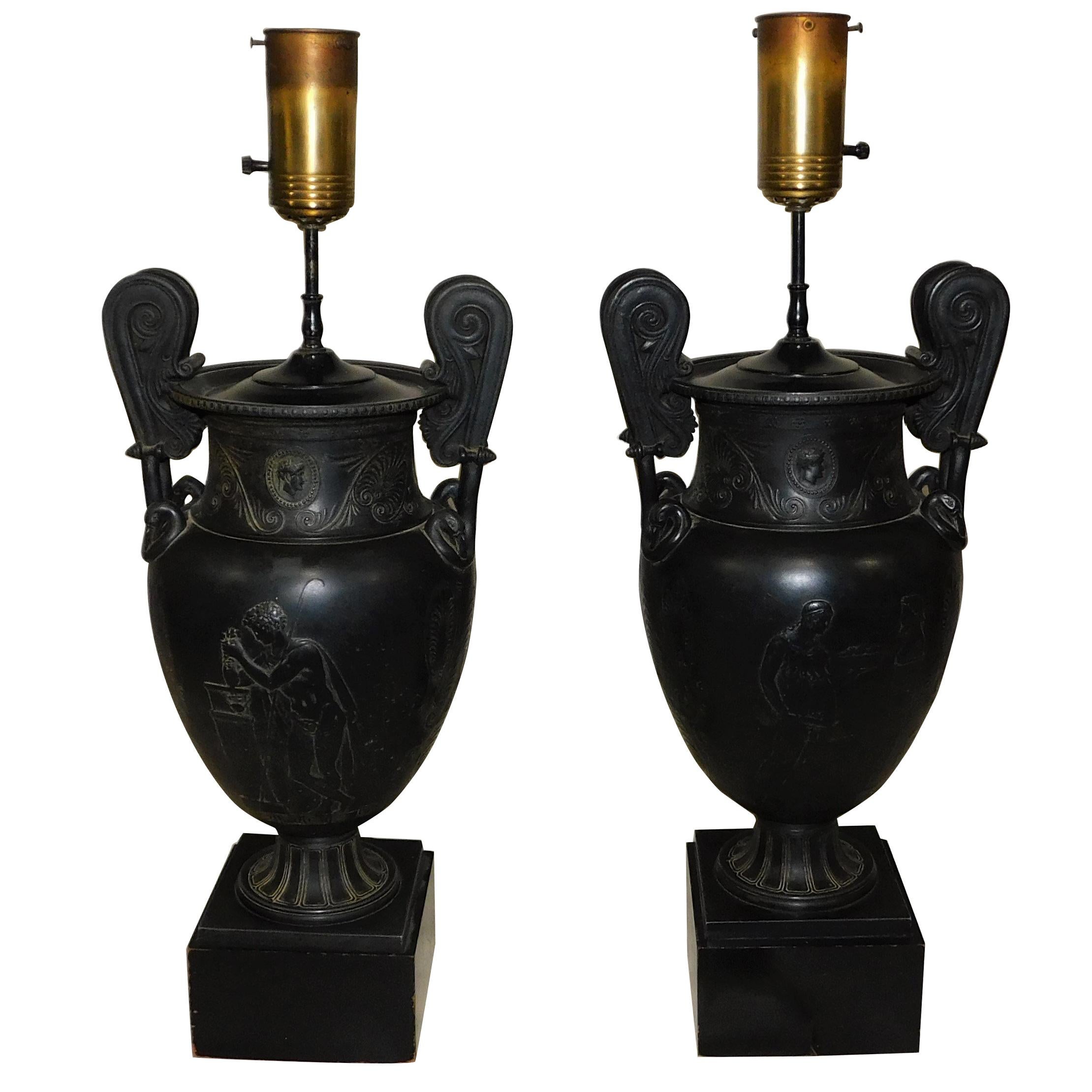 Pair of French Greek Neoclassical Style Spelter White Metal Urn Lamps circa 1920