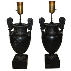 Pair of French Greek Neoclassical Style Spelter White Metal Urn Lamps circa 1920