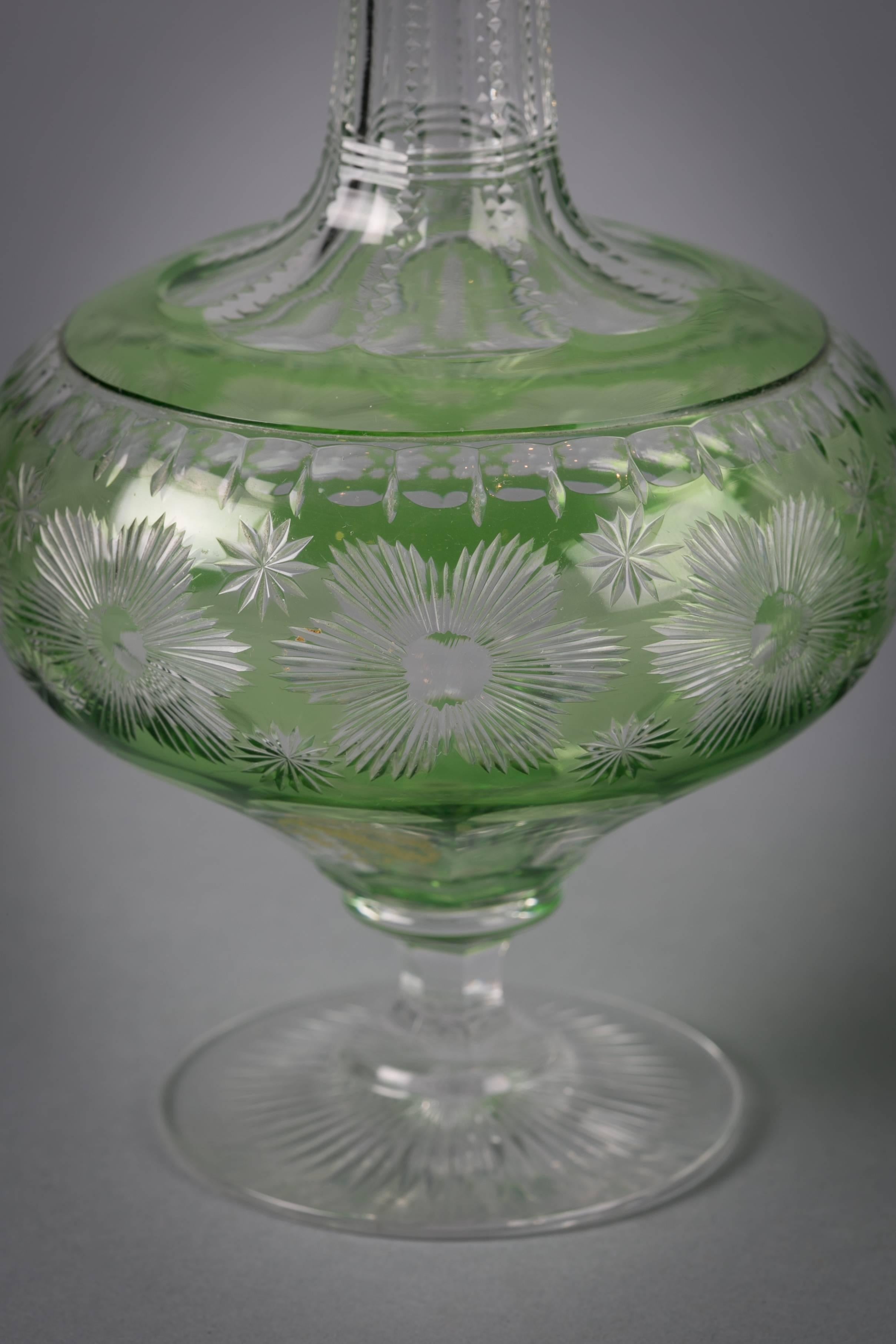 Cut Glass Pair of French Green-Flashed and Engraved Bottles and Stoppers, circa 1890 For Sale