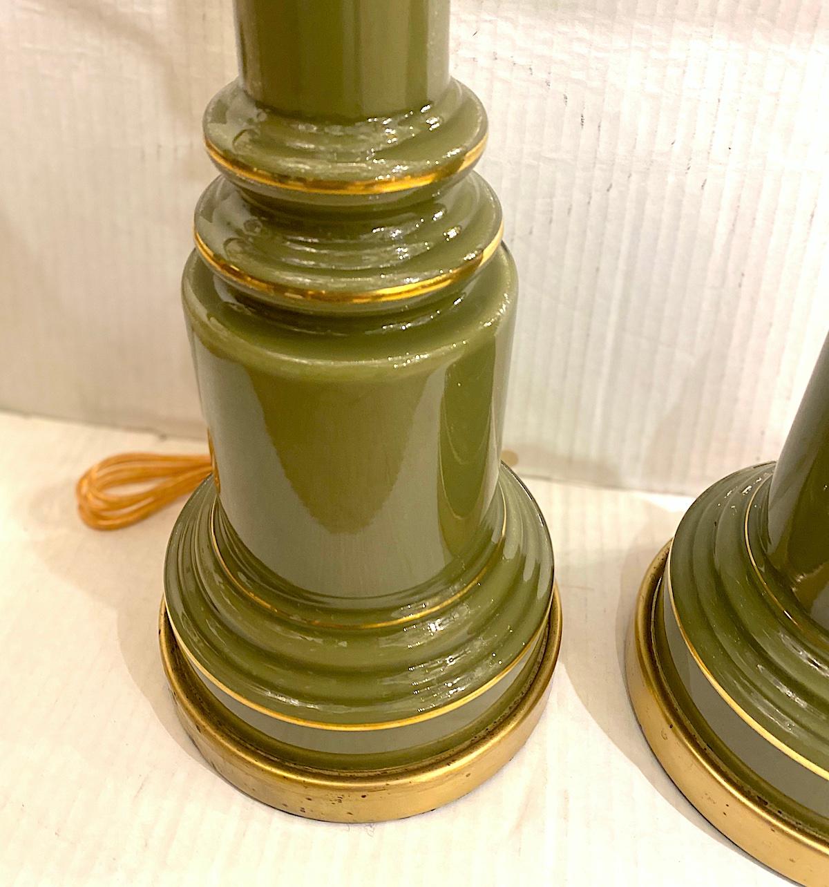 Mid-20th Century Pair of French Green Glass Lamps