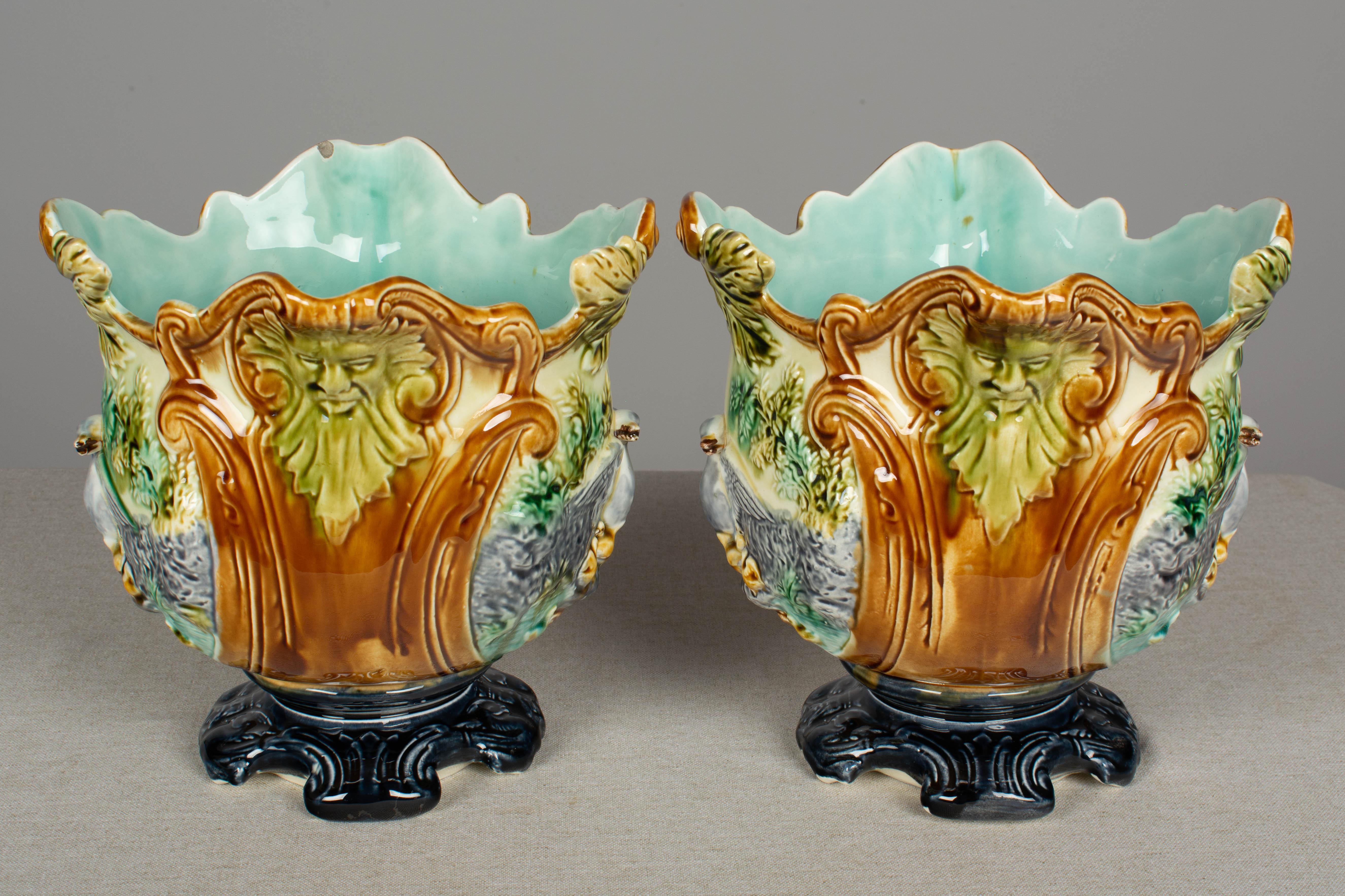 Beaux Arts Pair of French Green Majolica Cache Pots