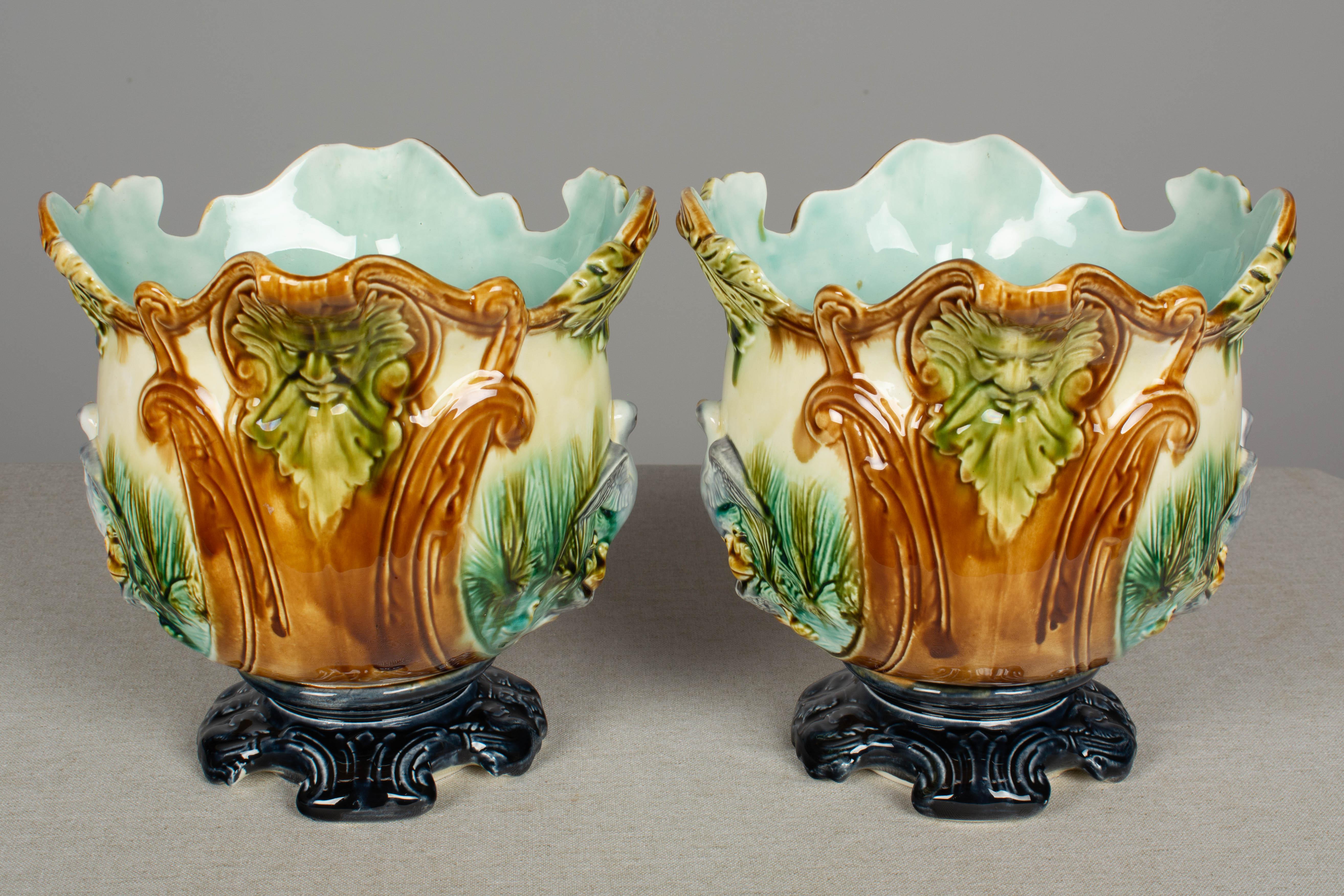Hand-Crafted Pair of French Green Majolica Cache Pots
