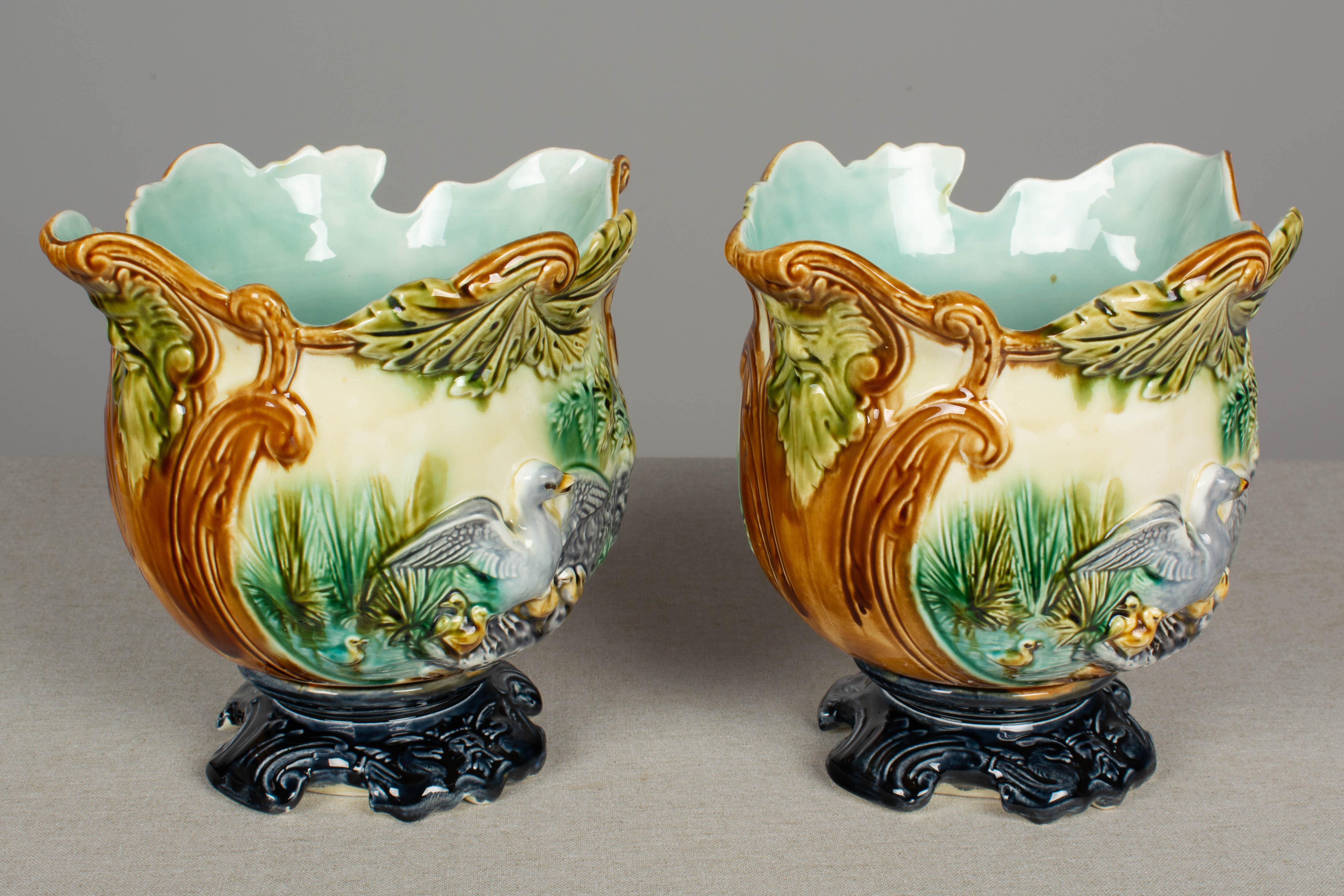 Pair of French Green Majolica Cache Pots In Good Condition In Winter Park, FL