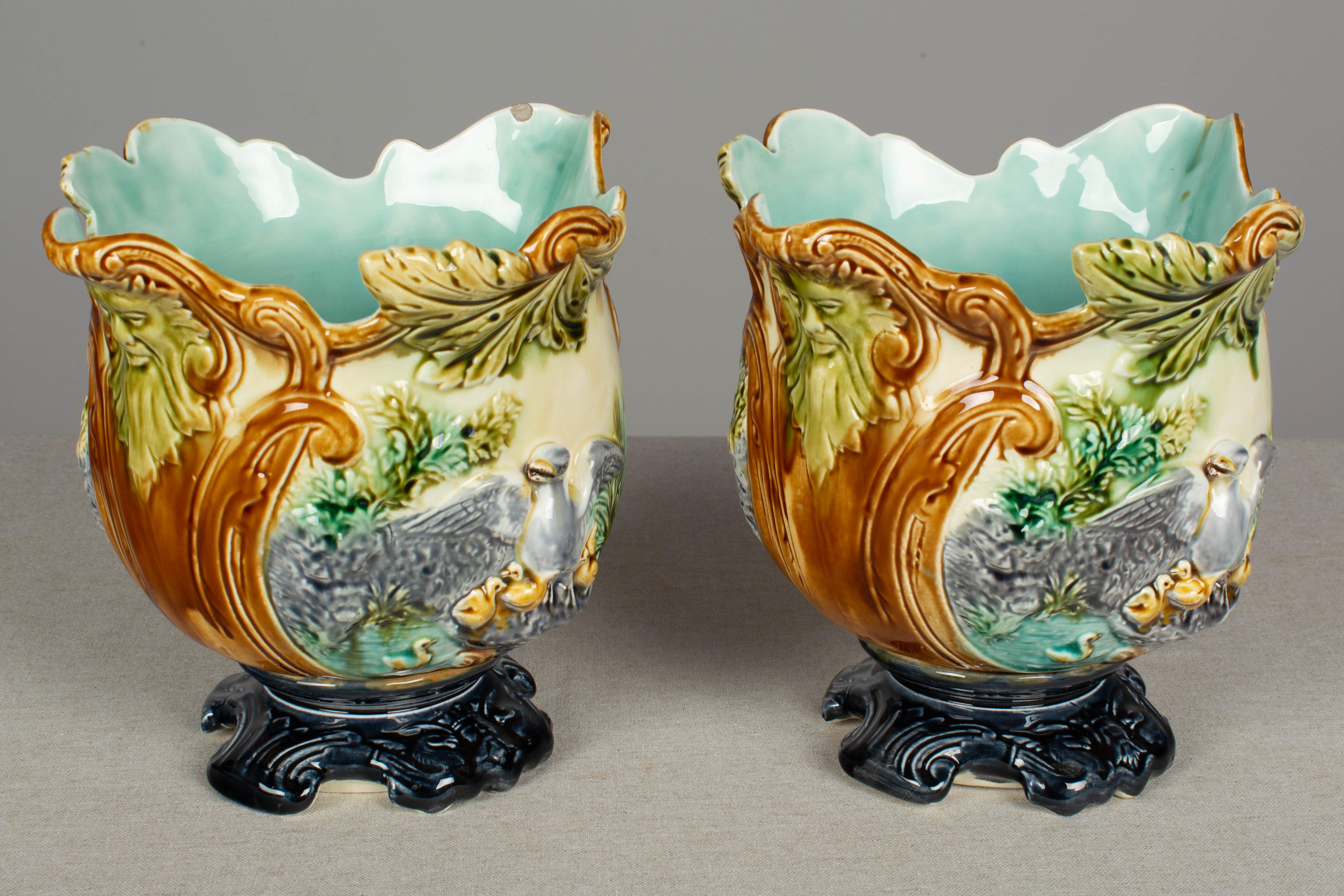 20th Century Pair of French Green Majolica Cache Pots