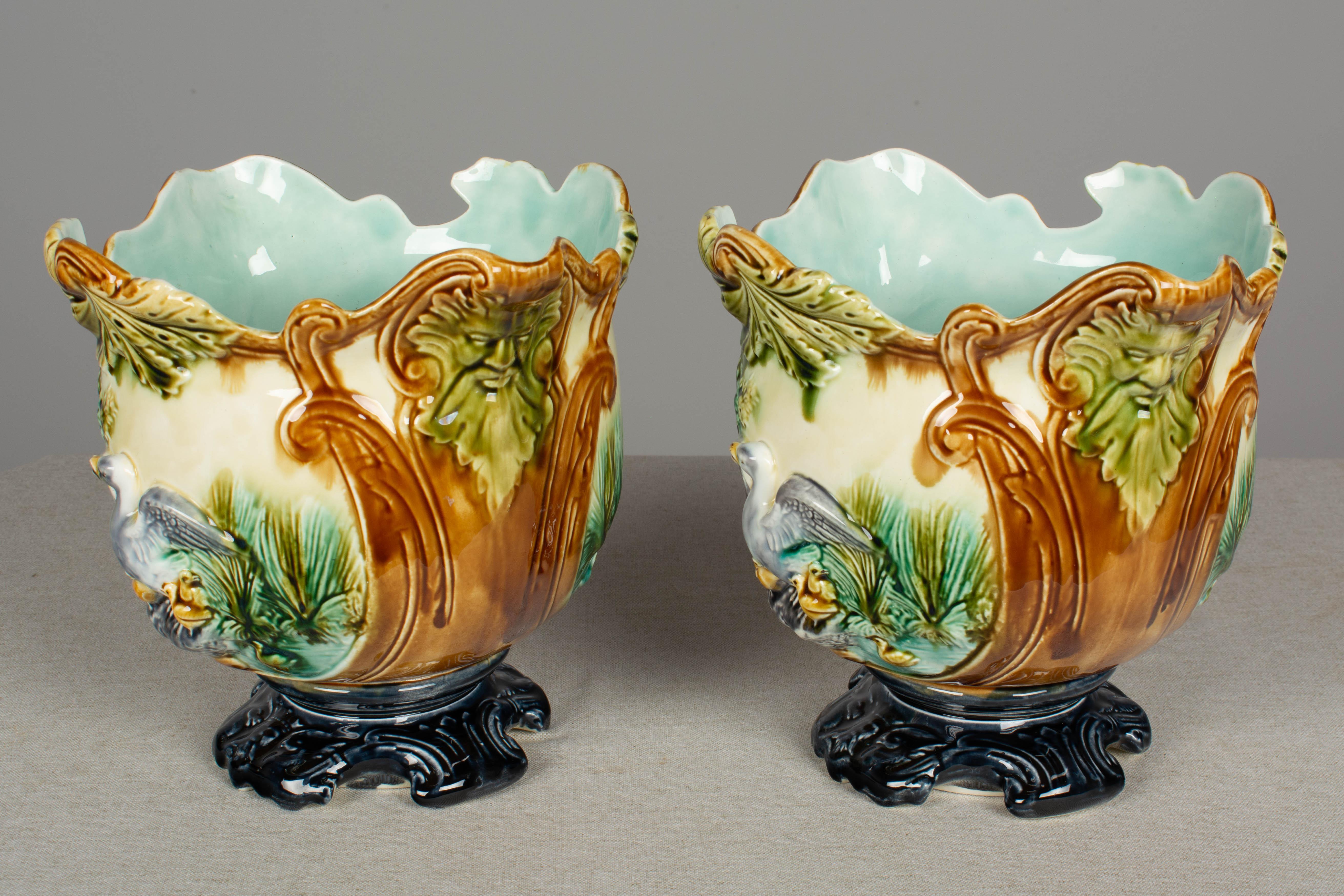 Pair of French Green Majolica Cache Pots 1