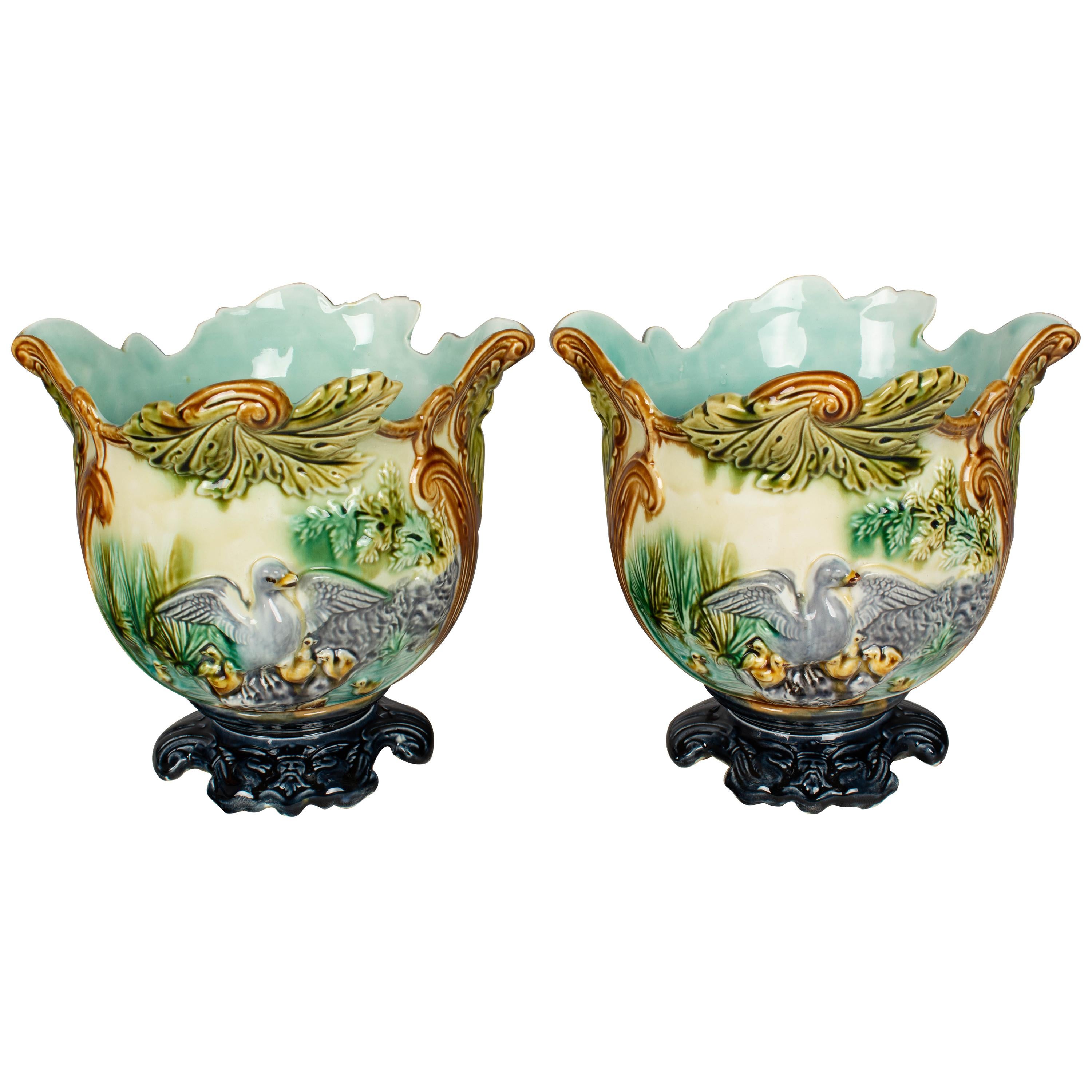 Pair of French Green Majolica Cache Pots