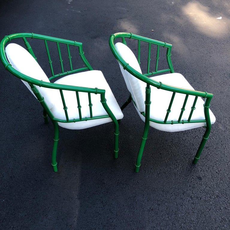 Pair Of French Green MidCentury Modern Faux Bamboo Metal Armchairs For