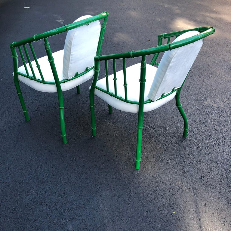Pair Of French Green MidCentury Modern Faux Bamboo Metal Armchairs For