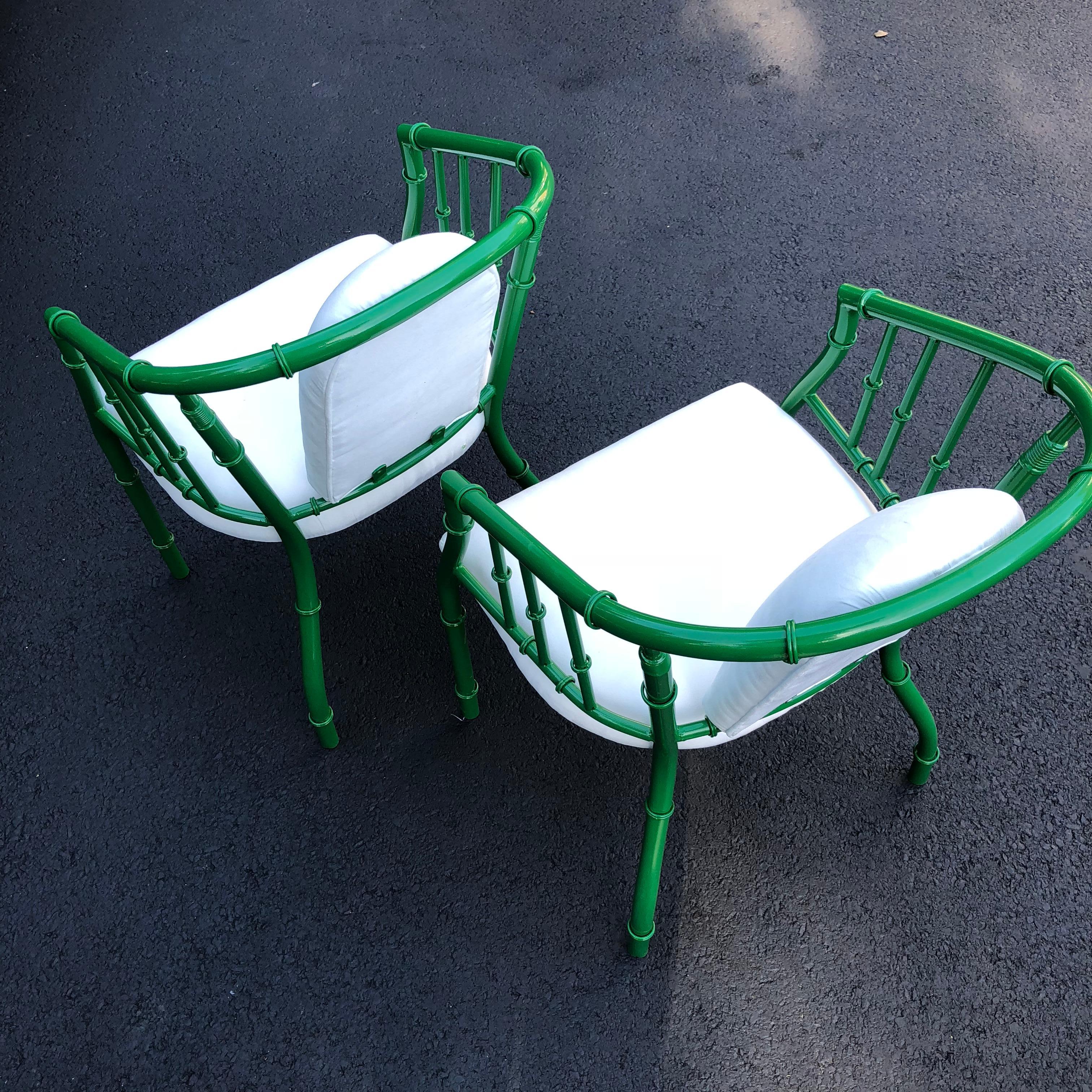 Pair Of French Green Mid-Century Modern Faux Bamboo Metal Armchairs For Sale 6