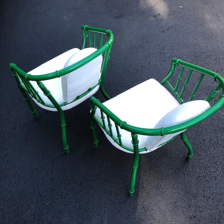 Pair Of French Green MidCentury Modern Faux Bamboo Metal Armchairs For