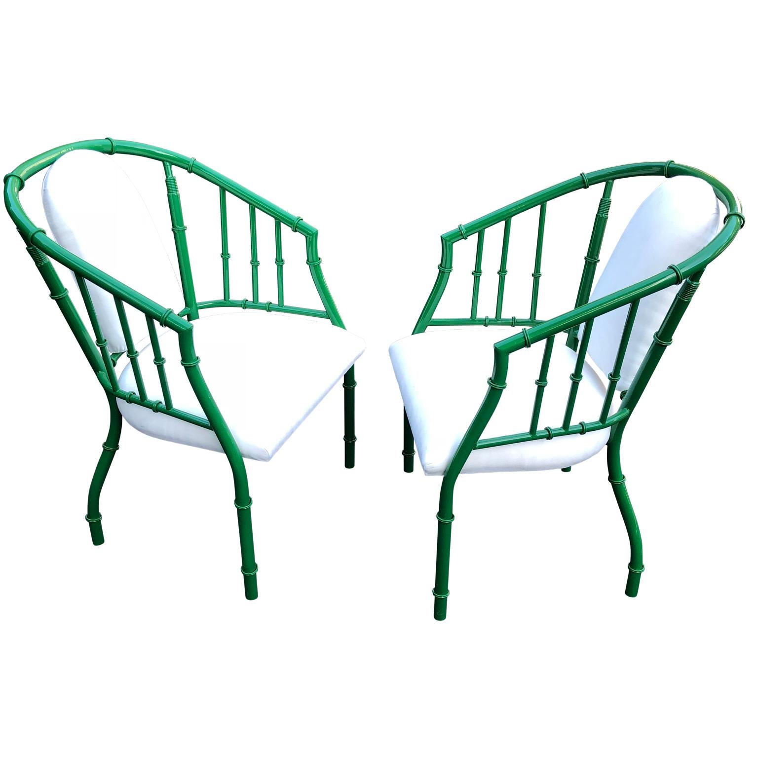 Pair Of French Green Mid-Century Modern Faux Bamboo Metal Armchairs For Sale 8