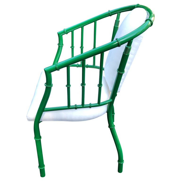 Pair Of French Green MidCentury Modern Faux Bamboo Metal Armchairs For