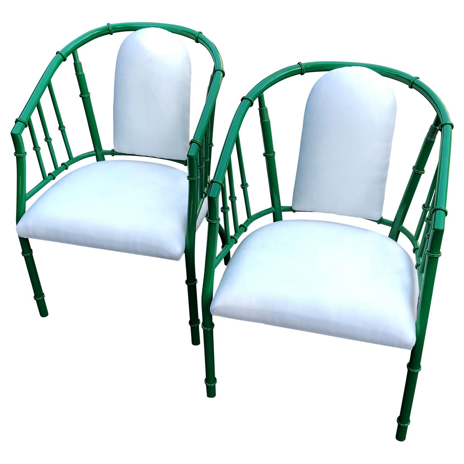Pair Of French Green Mid-Century Modern Faux Bamboo Metal Armchairs For Sale