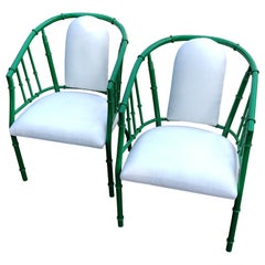 Pair Of French Green Mid-Century Modern Faux Bamboo Metal Armchairs