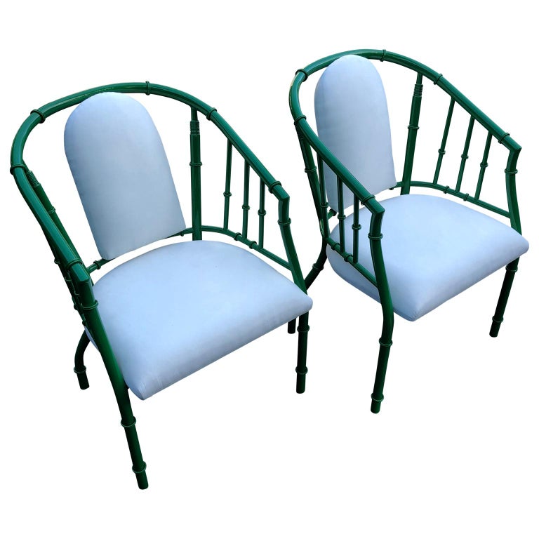 Pair Of French Green MidCentury Modern Faux Bamboo Metal Armchairs For
