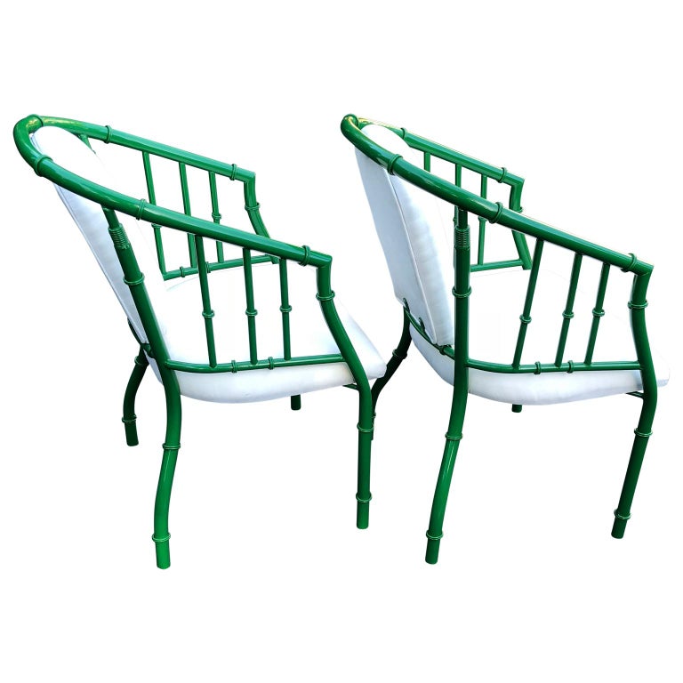 Pair Of French Green MidCentury Modern Faux Bamboo Metal Armchairs For