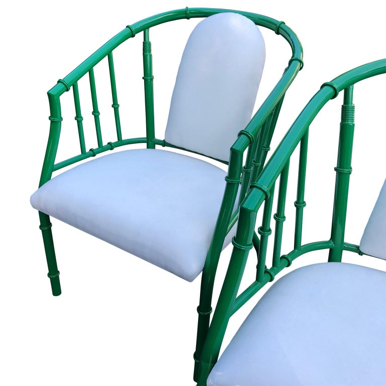 Pair Of French Green MidCentury Modern Faux Bamboo Metal Armchairs For