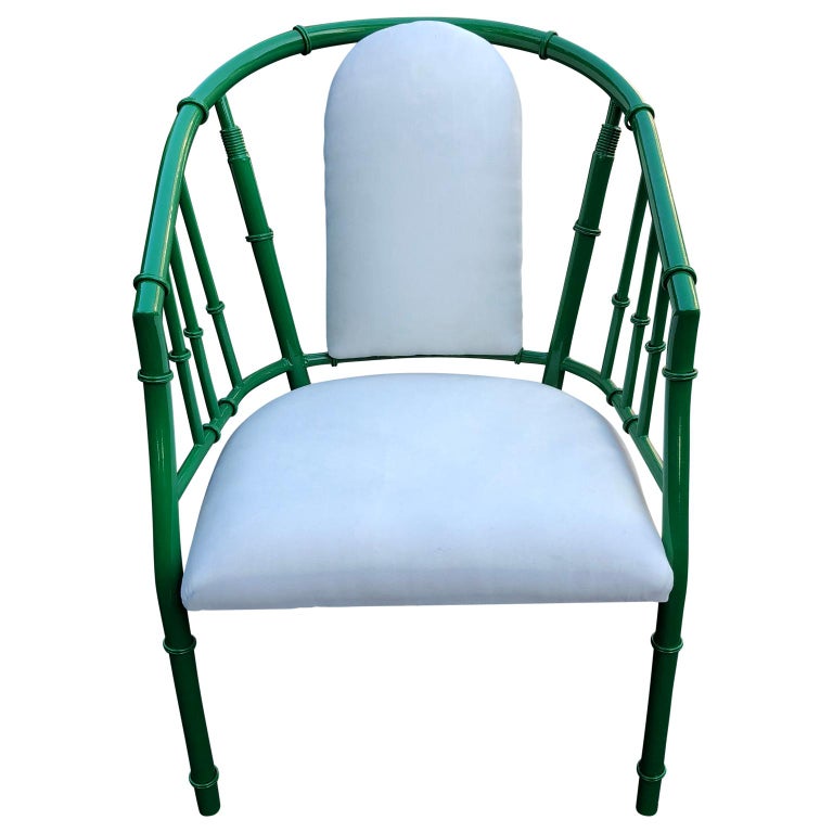 Pair Of French Green MidCentury Modern Faux Bamboo Metal Armchairs For