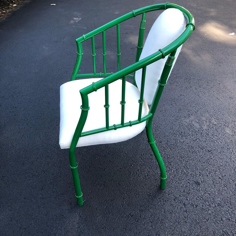 Pair Of French Green MidCentury Modern Faux Bamboo Metal Armchairs For