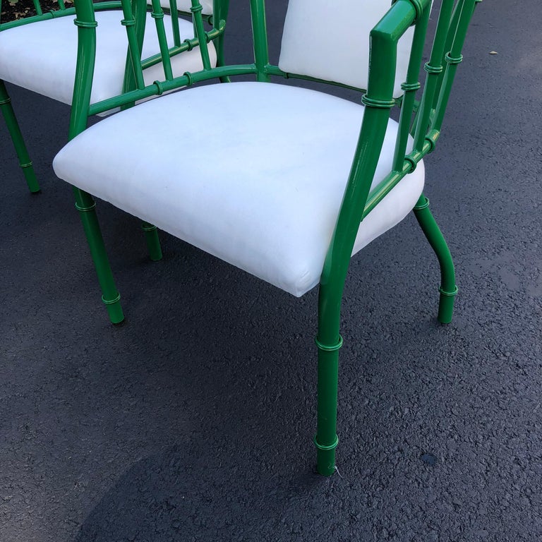 Pair Of French Green MidCentury Modern Faux Bamboo Metal Armchairs For