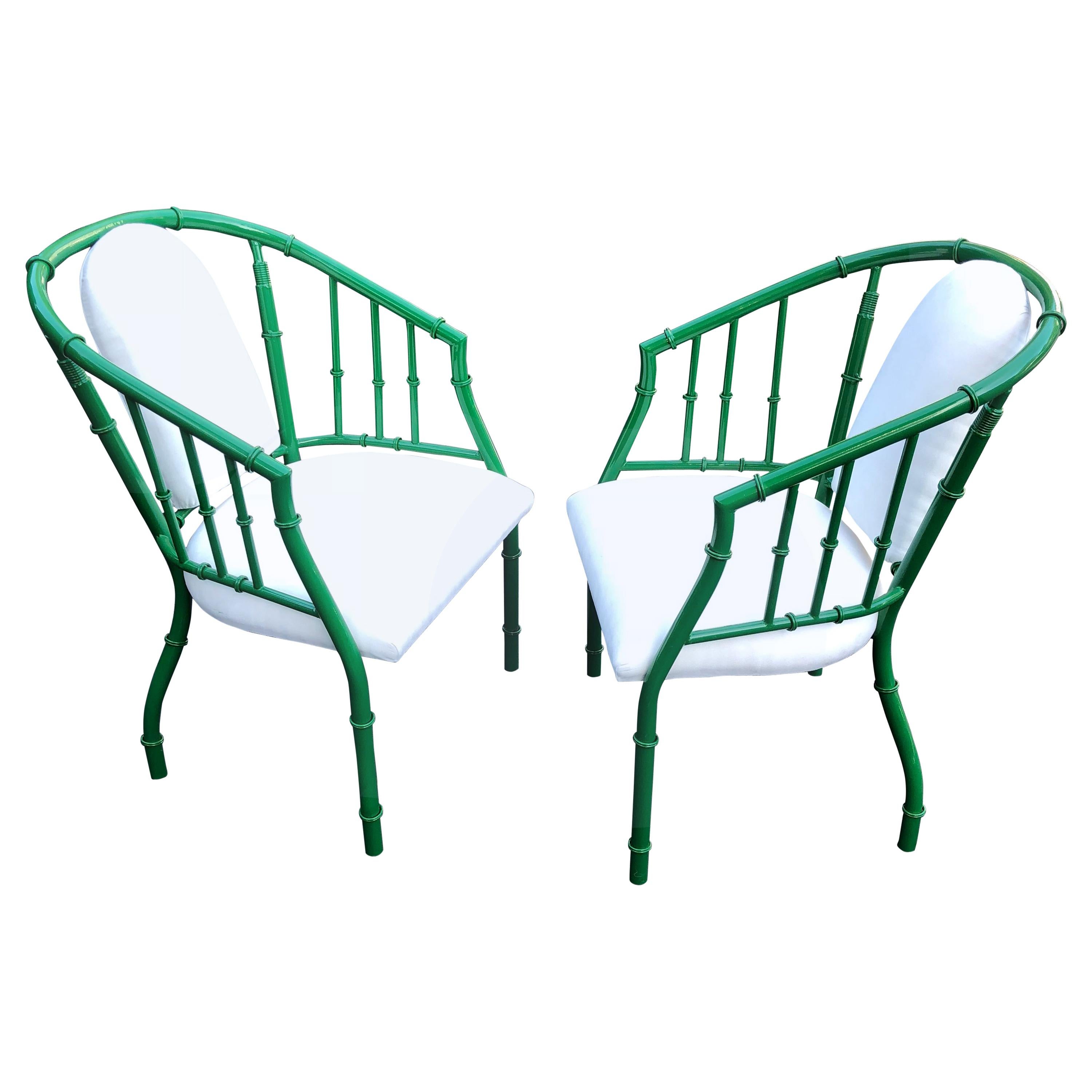 Pair of French green Mid-Century Modern faux bamboo metal armchairs
Newly powder-coated green, was original worn down chrome
Newly upholstered in a white faux suede.

DC, Philadelphia front door dealer delivery available.