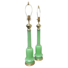 Pair of French Green Opaline Column Lamps