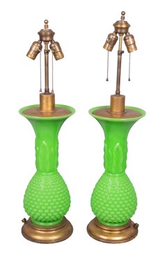 Pair of French Green Opaline Glass Table Lamps
