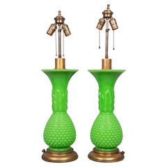 Antique Pair of French Green Opaline Glass Table Lamps