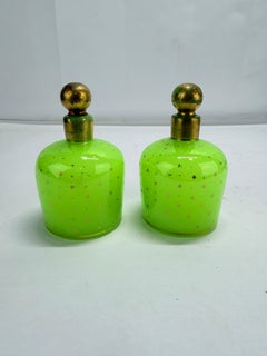 Pair of French Green Opaline Perfume Bottles with Gilt Star Decoration