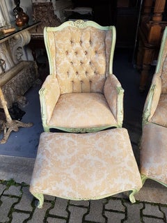 Pair of French Green Painted Wingback Chairs with Footstools, Late 20th Century