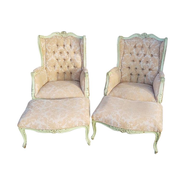Pair of French Green Painted Wingback Chairs with Footstools, Late 20th Century For Sale