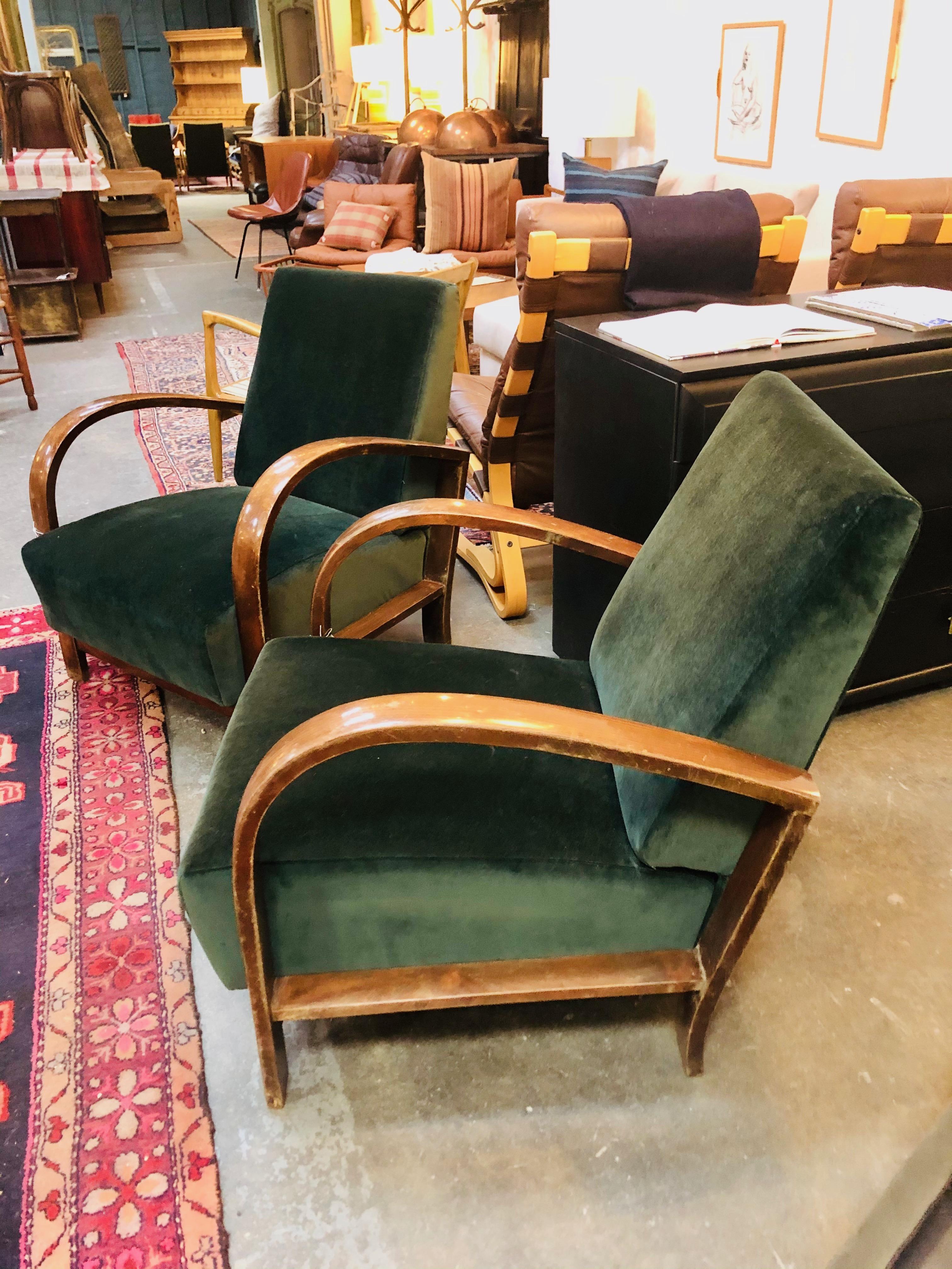 Art Deco reupholstered velvet armchairs would be perfect as an occasional chair for most living spaces, office or retail spaces. These chairs were reupholstered, but stayed true to the original design as well as keeping the wood frame and finish.