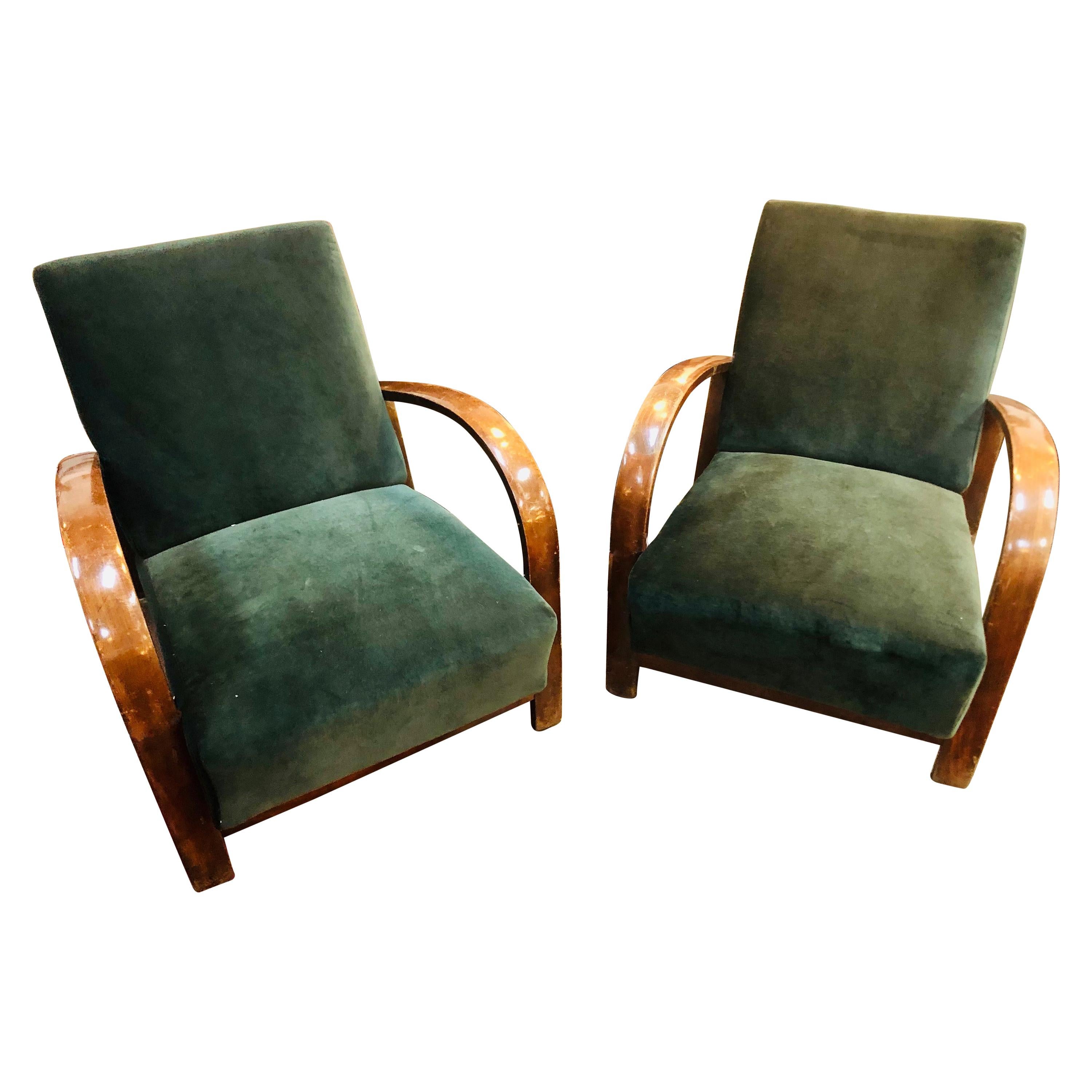 Pair of French Green Velvet Art Deco Chairs