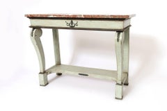 Pair of French "Green/Grey" Console Tables with Marble Tops