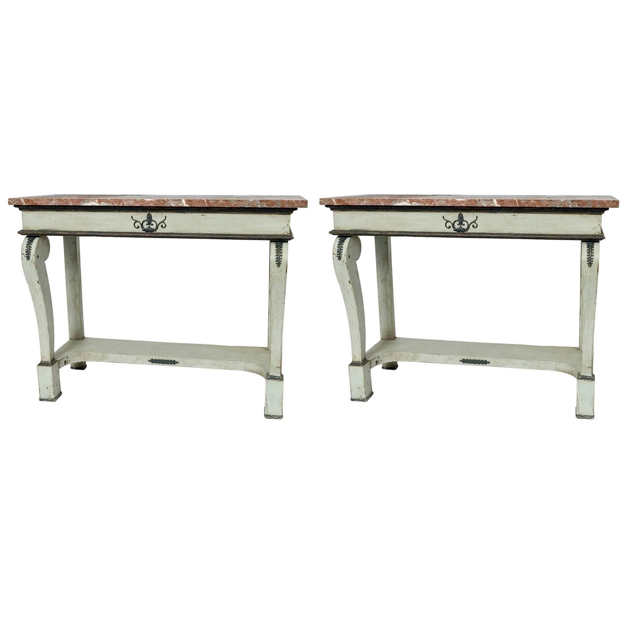 Pair of French "Green/Grey" Console Tables with Marble Tops For Sale
