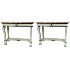 Antique Pair of French "Green/Grey" Console Tables with Marble Tops
