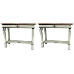 Antique Pair of French "Green/Grey" Console Tables with Marble Tops