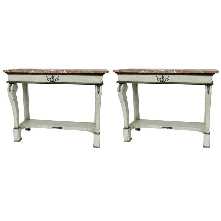 Pair of French "Green/Grey" Console Tables with Marble Tops For Sale at