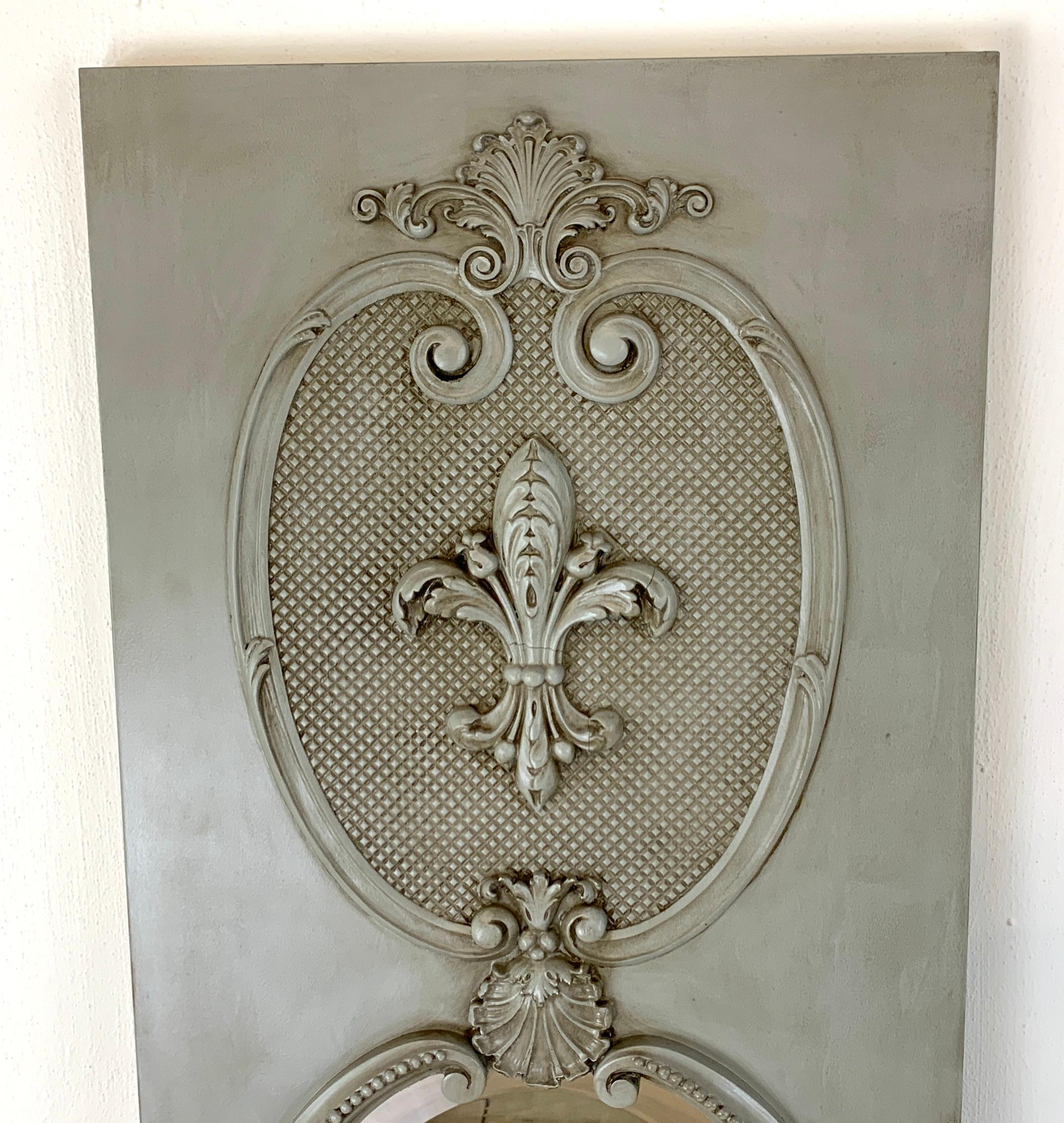 Carved Pair of French Grey Panted Trumeau Mirrors For Sale