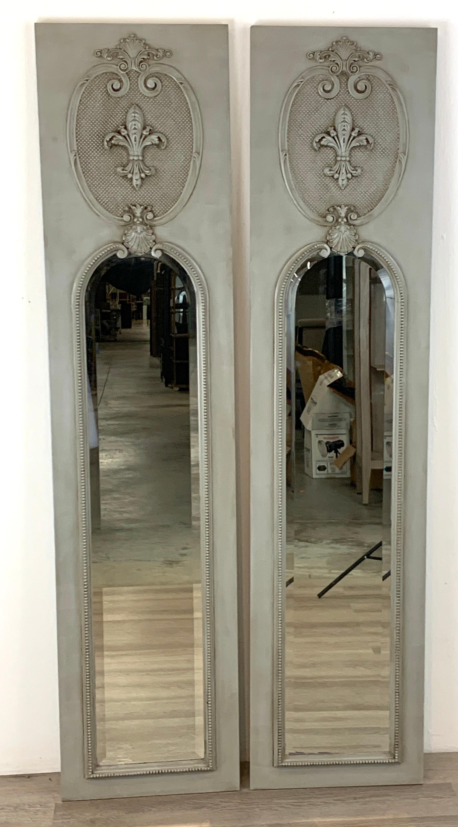 20th Century Pair of French Grey Panted Trumeau Mirrors For Sale