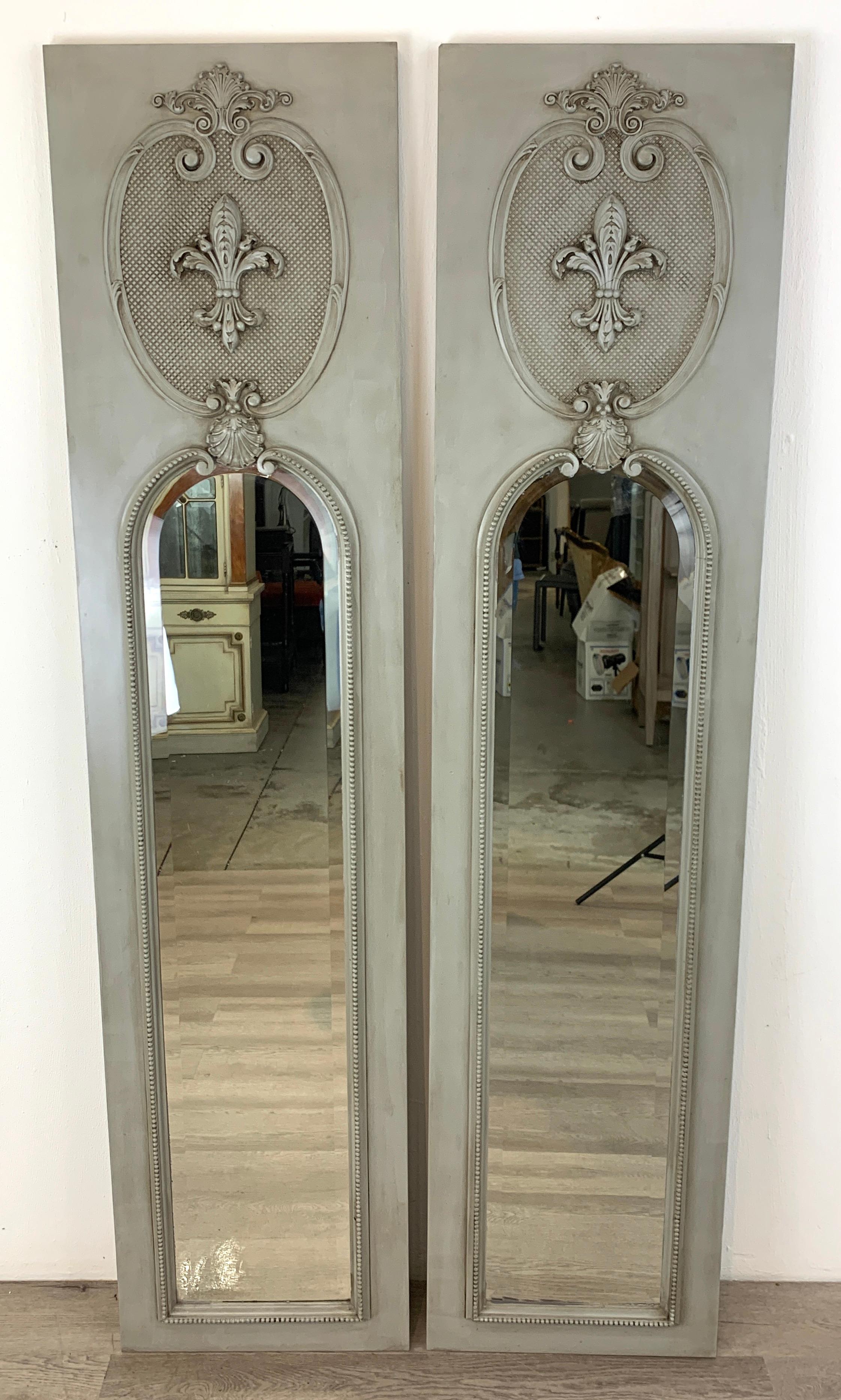 Wood Pair of French Grey Panted Trumeau Mirrors For Sale