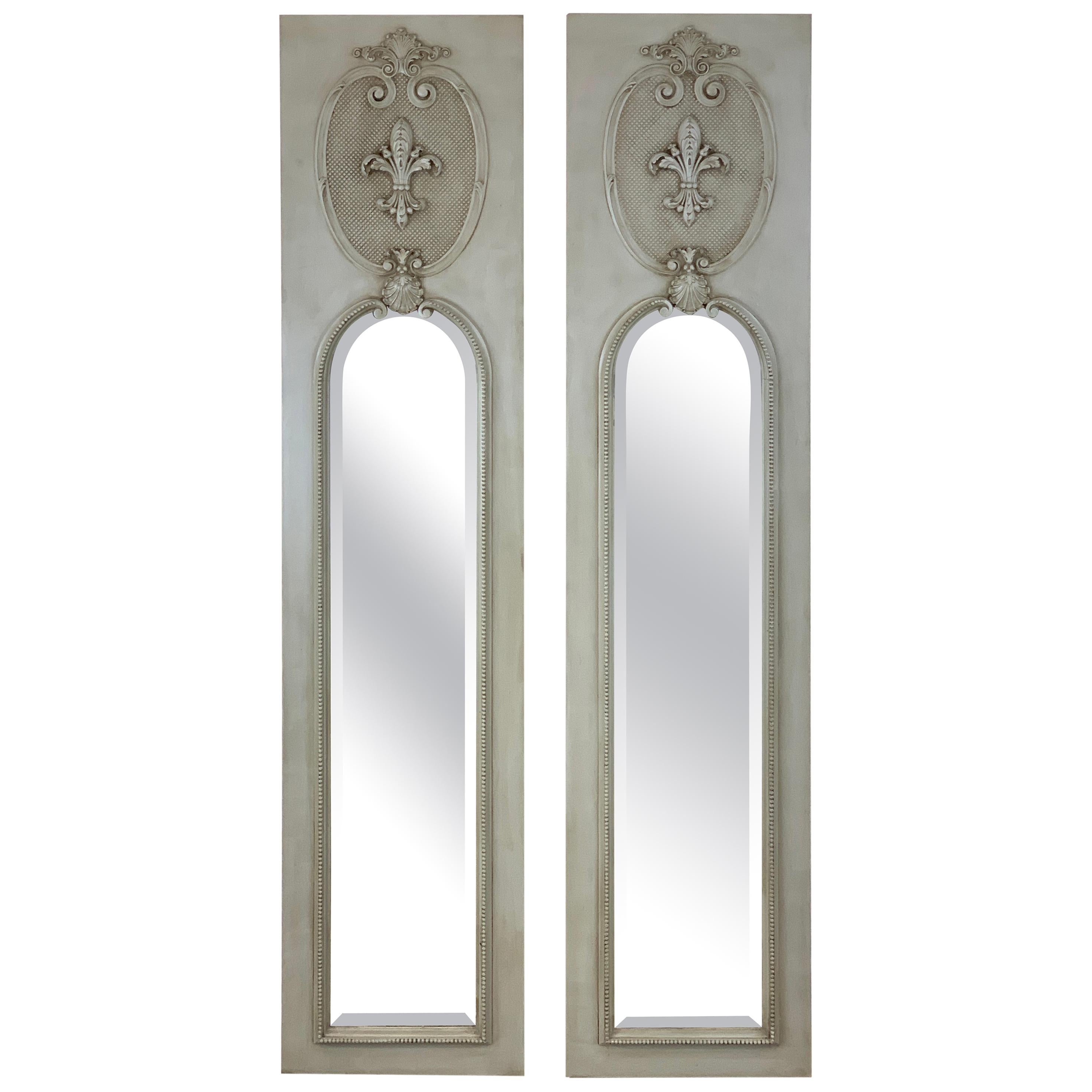 Pair of French Grey Panted Trumeau Mirrors For Sale