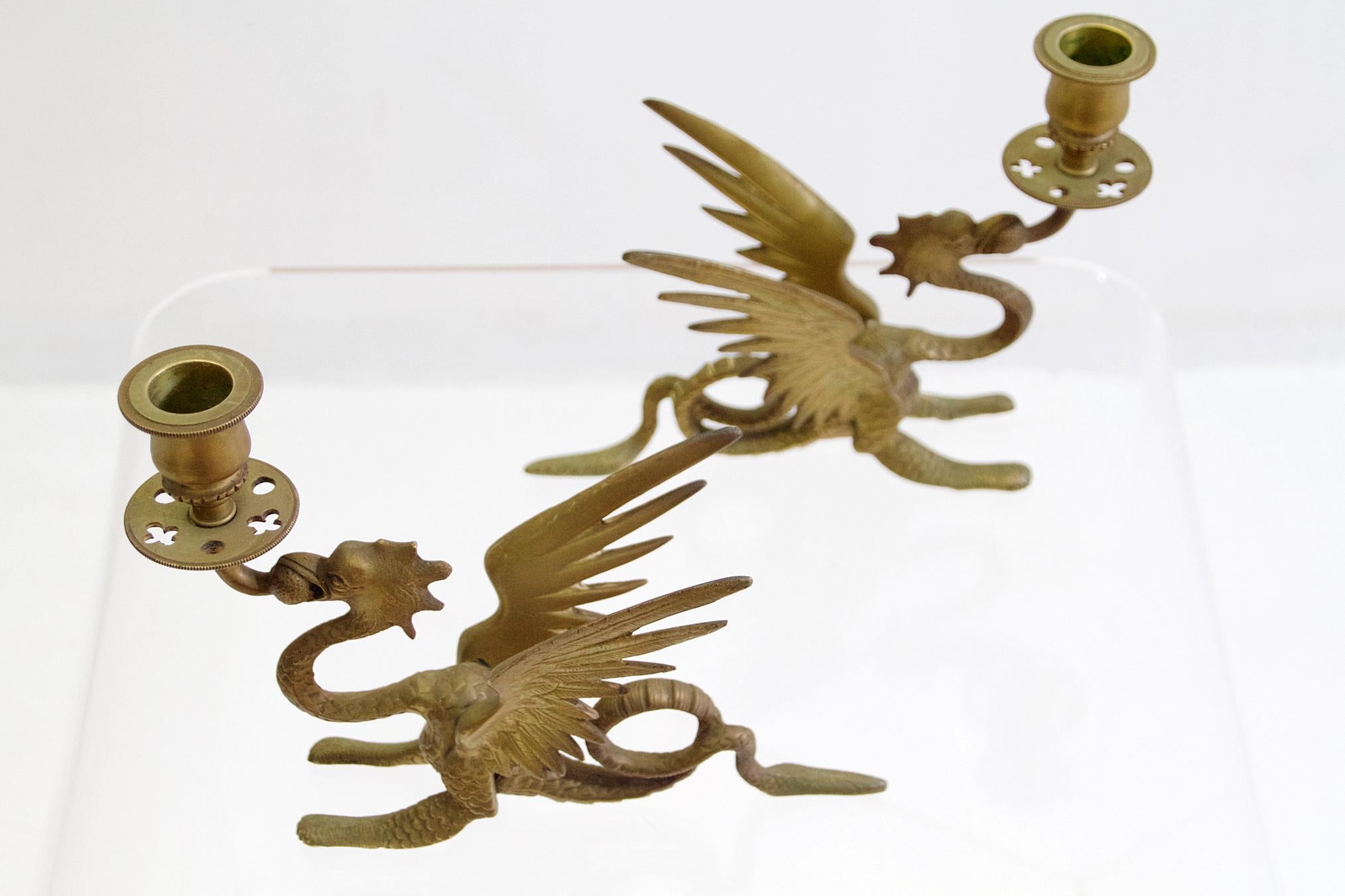 Cast Pair of French Griffin Candleholders in Bronze