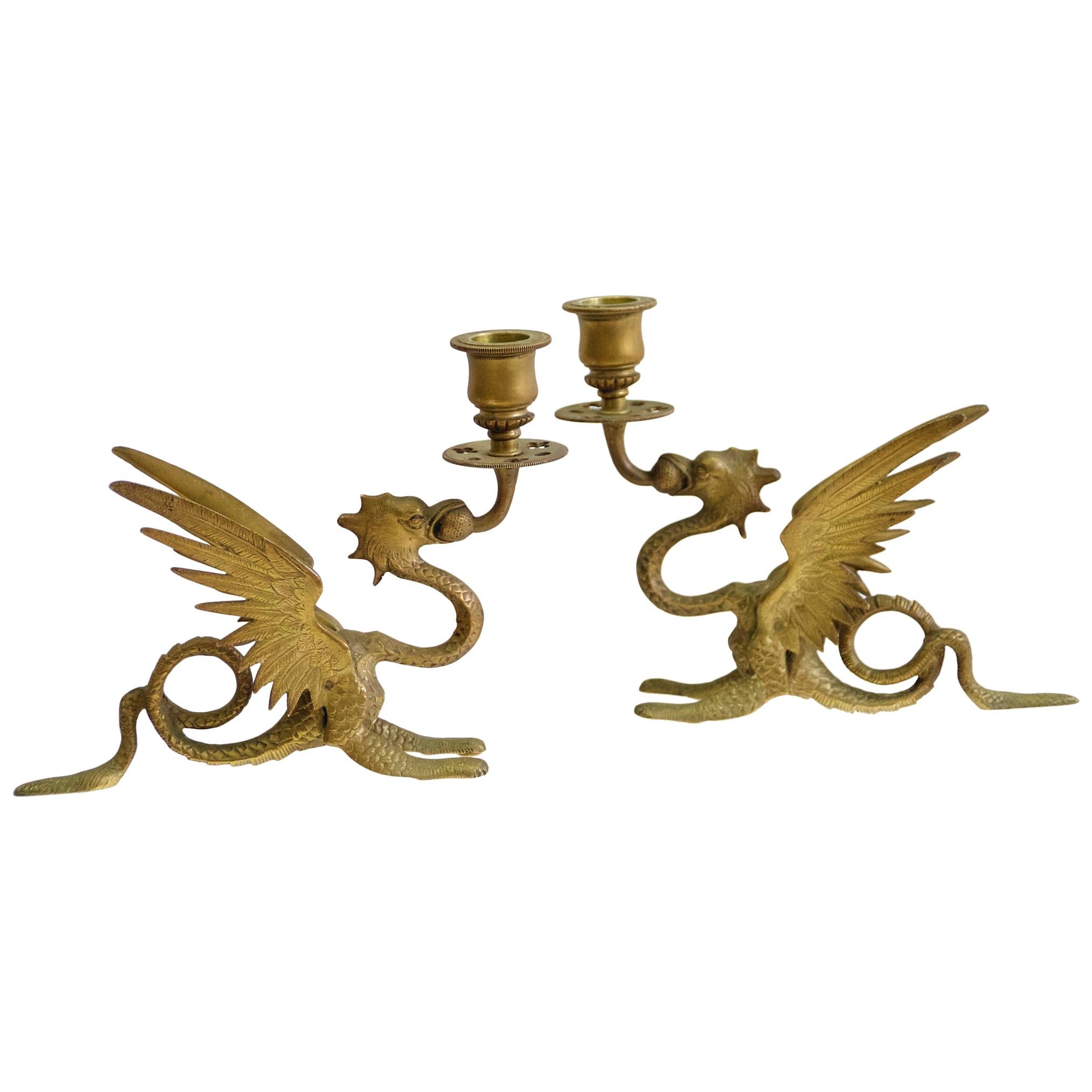 Pair of French Griffin Candleholders in Bronze