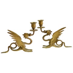 Pair of French Griffin Candleholders in Bronze