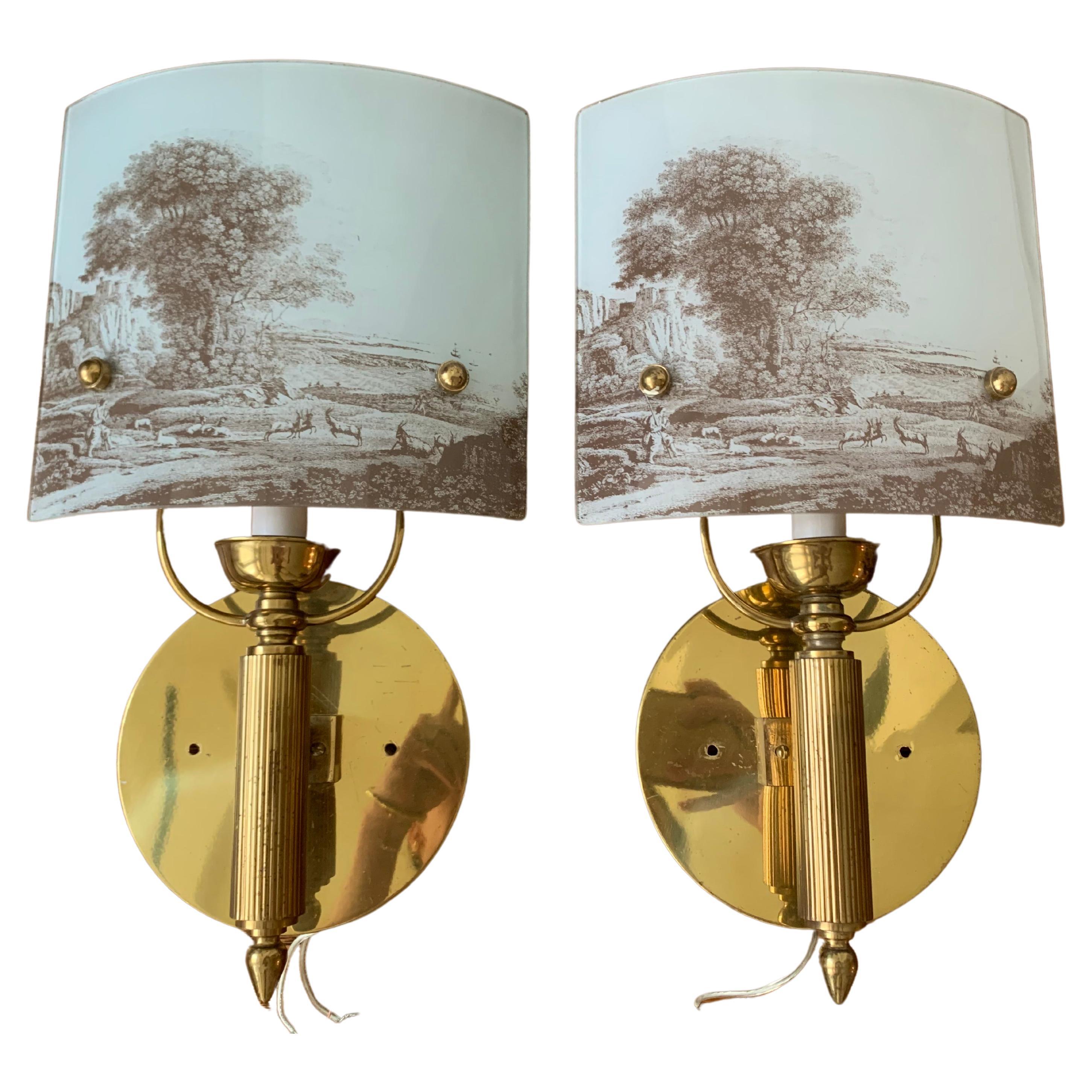 Pair of French Grisaille Glass and Brass Sconces 