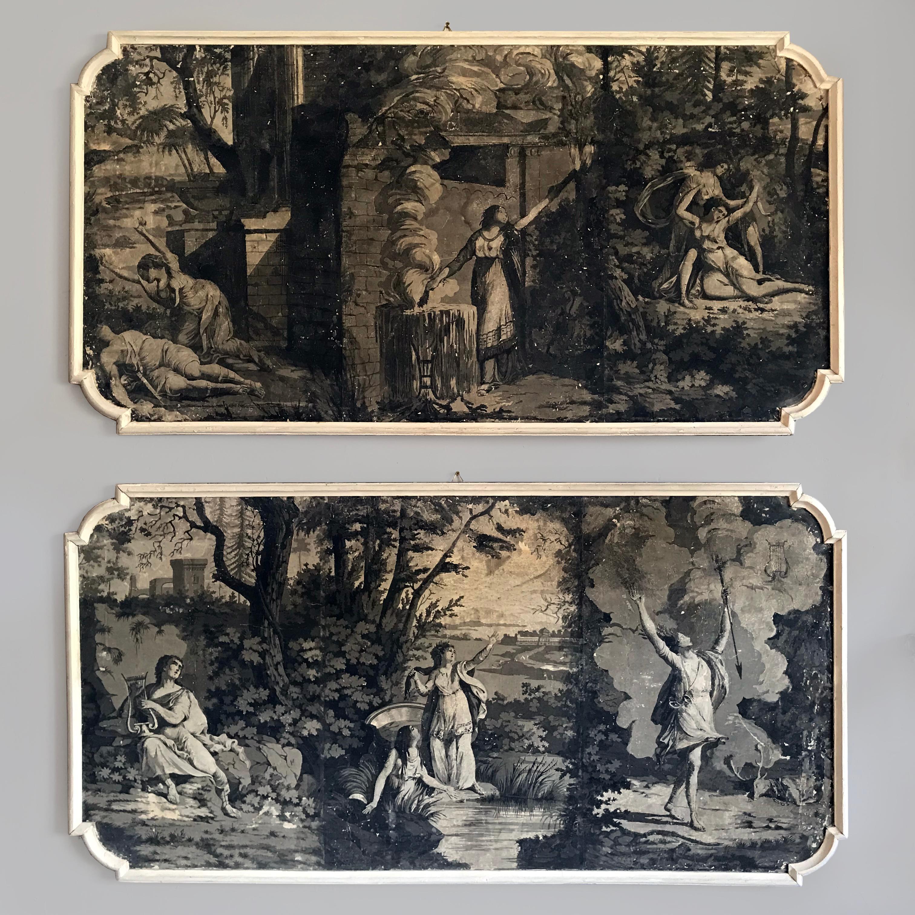 Ein wunderschönes, seltenes Paar handgemalter französischer Grisaille-Tafeln aus dem frühen 19. Jahrhundert nach Dufour-Leroy um 1820.