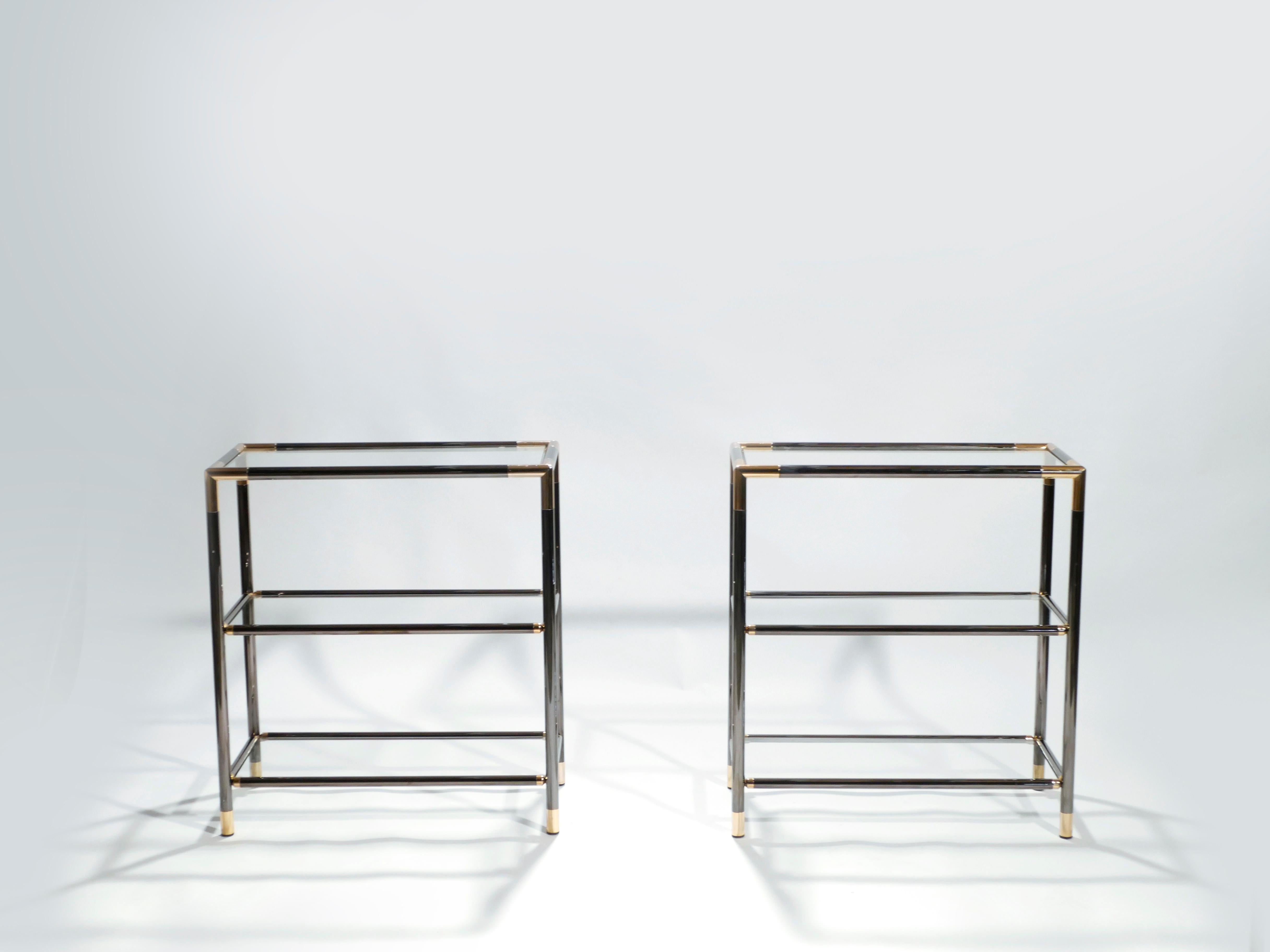 Mid-Century Modern Pair of French Gunmetal and Brass Three-Tiered Shelves, 1970s